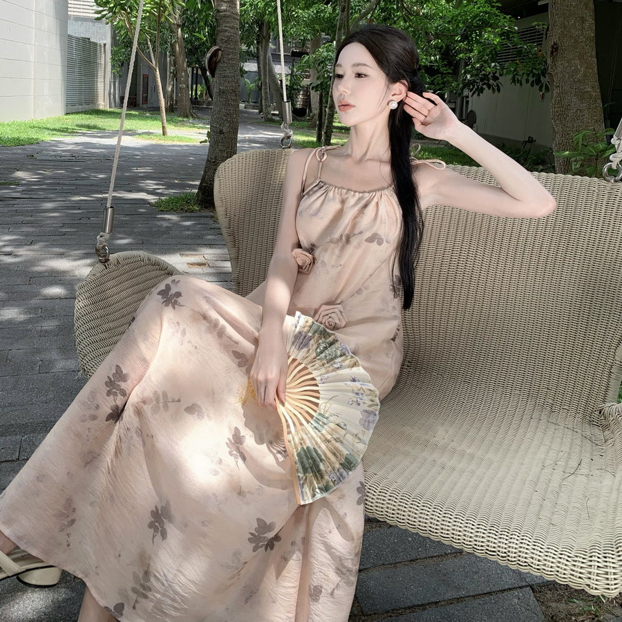 2025 New Chinese style zen floral suspender dress women's summer temperament socialite retro slim printed holiday long skirt
