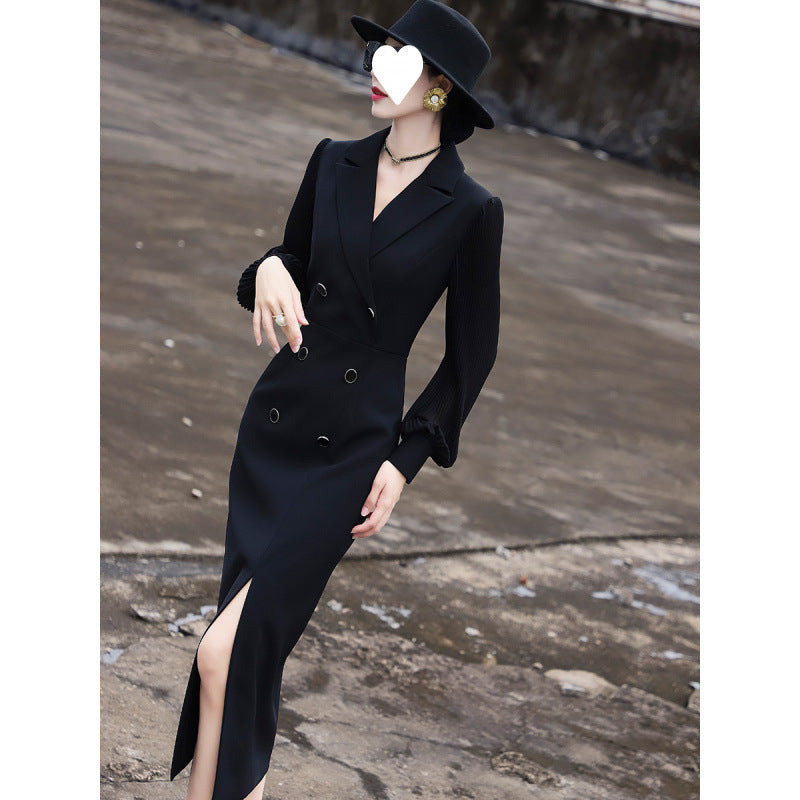 2025 spring new temperament commuter high-end long-sleeved suit skirt slim and thin split dress