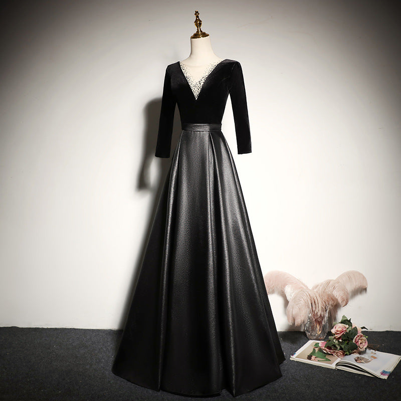 2025 Black banquet evening dress  new long noble elegant slim host chorus performance dress
