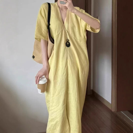 Linen midsummer dress long dress v-neck temperament dress children's spring simple style new Chinese style wear