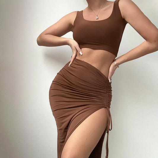 BENPAOLV 2025 style New   summer and autumn U-neck tube top slim-fitting split-ended long dress fashion and leisure two-piece set