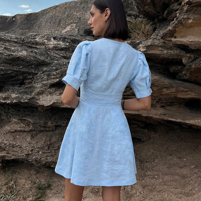 2025 popular summer fashionable versatile blue cotton and linen V-neck bubble sleeve commuter dress  casual commuter skirt