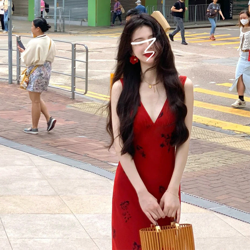 2025 Hong Kong style red collar suspender floral dress children's summer new style super good-looking long dress women