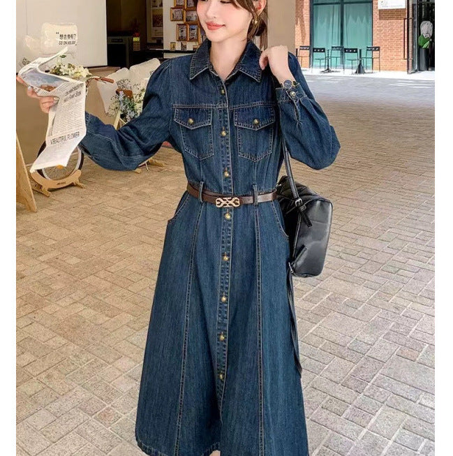 2025 Autumn long denim dress long sleeve autumn wear women's  new model fashion trend high sense super good-looking