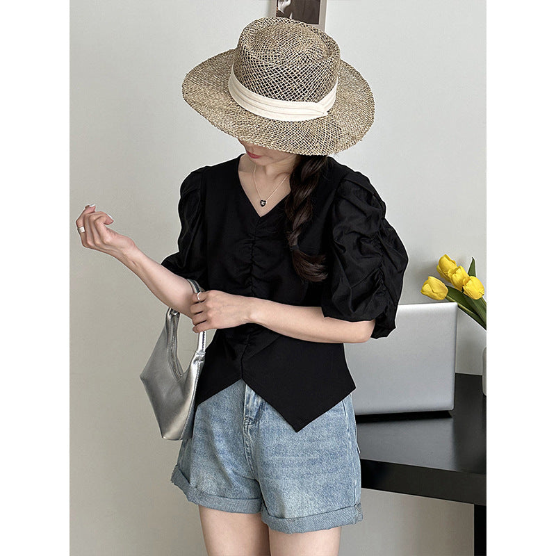 2025 popular summer pleated bubble sleeve design sense v-neck top shows  temperament solid color top 2837