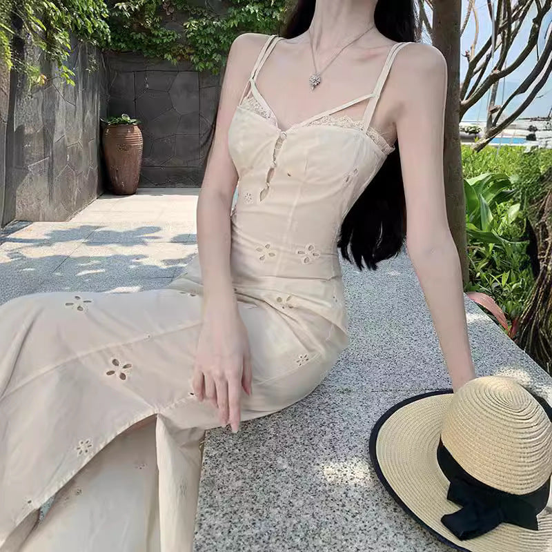 2025 pure desire style niche lace hollow sexy design two-piece dress women's summer vacation suspender dress