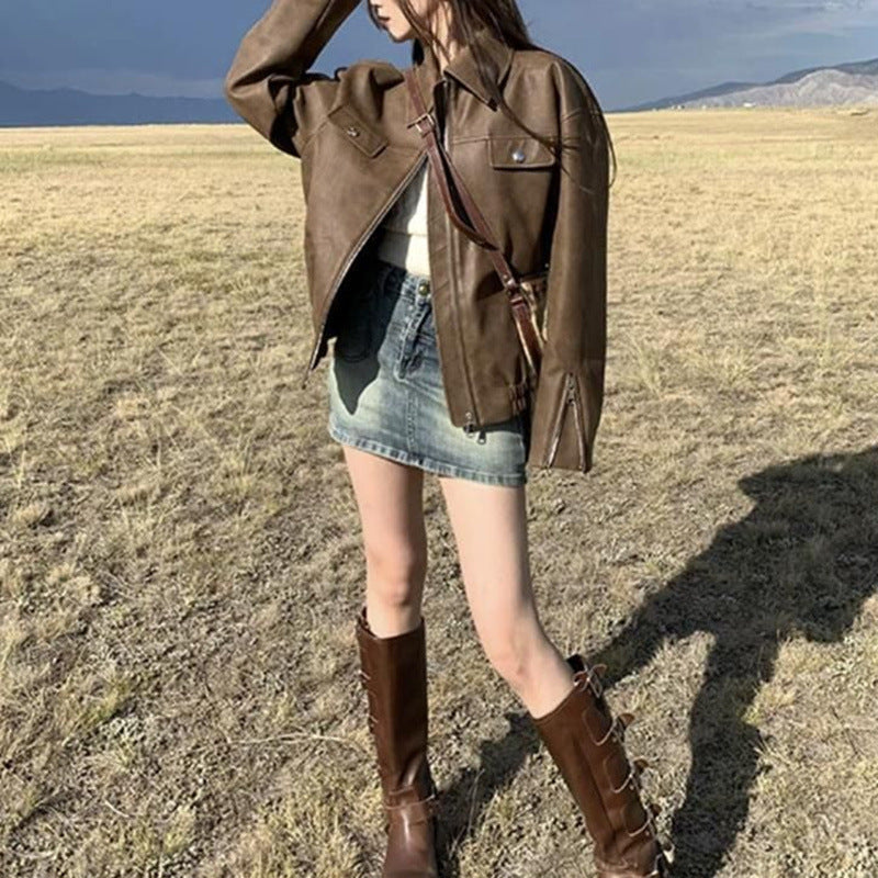 2025 spring clothing new popular locomotive clothing high sense super good-looking coffee leather jacket short jacket thin women