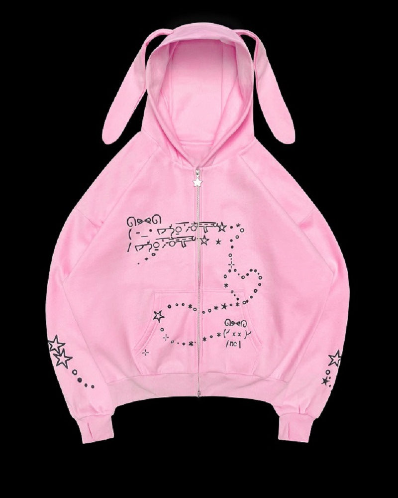 BENPAOLV Cross-border new American cute lop-eared rabbit ears loose casual sweet cool hooded long-sleeved jacket top