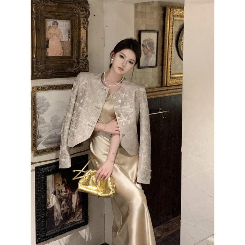 2025 Spring Maillard wears a jacquard fragrant coat + acetic acid satin thin suspender dress for women