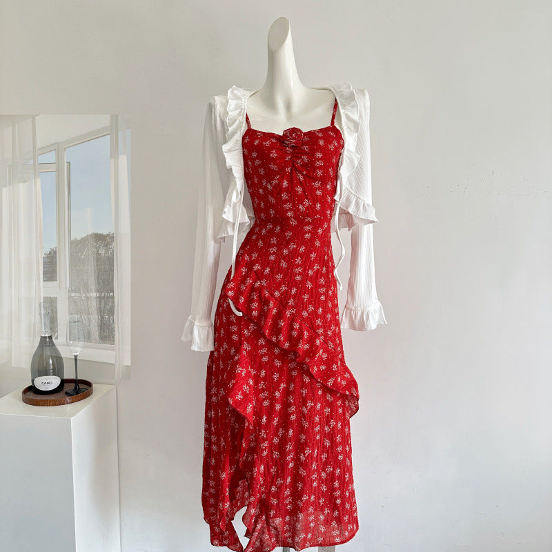 2025 Beauty is not defined by floral dress /temperament red holiday suspender split dress two-piece suit women