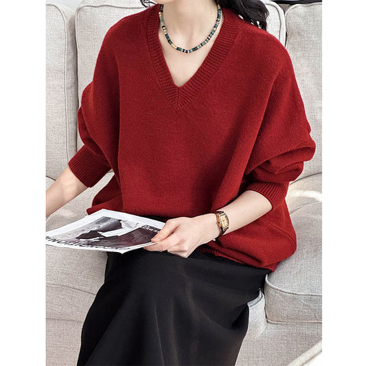 2025 popular autumn new knitted sweater top women's Korean V-neck loose soft waxy comfortable solid color sweater 7032