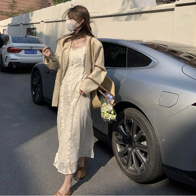 2025 spring new lace embroidered white suspender dress waist temperament gentle wind inside long dress women