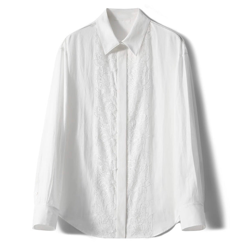 2025 Embroidered 100% linen shirt, high-end white top, women's clothing  spring new products, commuter long-sleeved shirt
