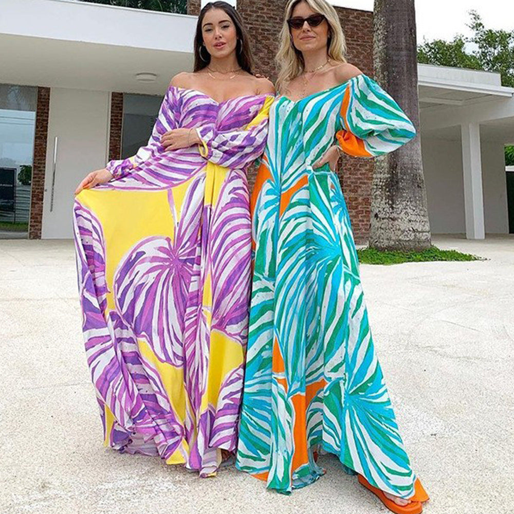 2025New new spring and summer  women's clothing one-word shoulder long-sleeved chiffon long dress temperament commuter printed dress