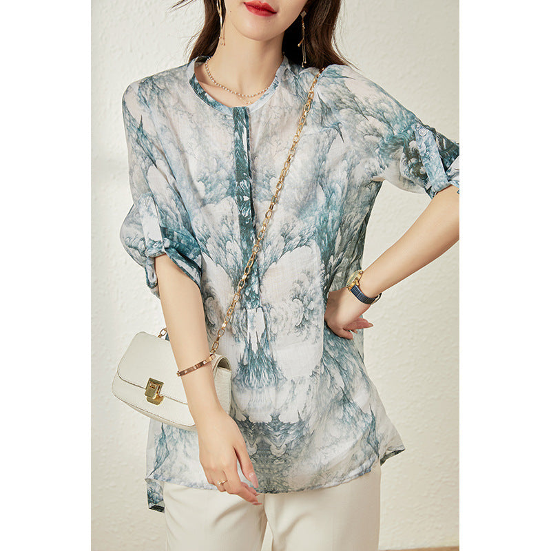 2025 Pure hemp shirt Mori-printed new Chinese style loose version cardigan temperament shirt top  summer women's clothing
