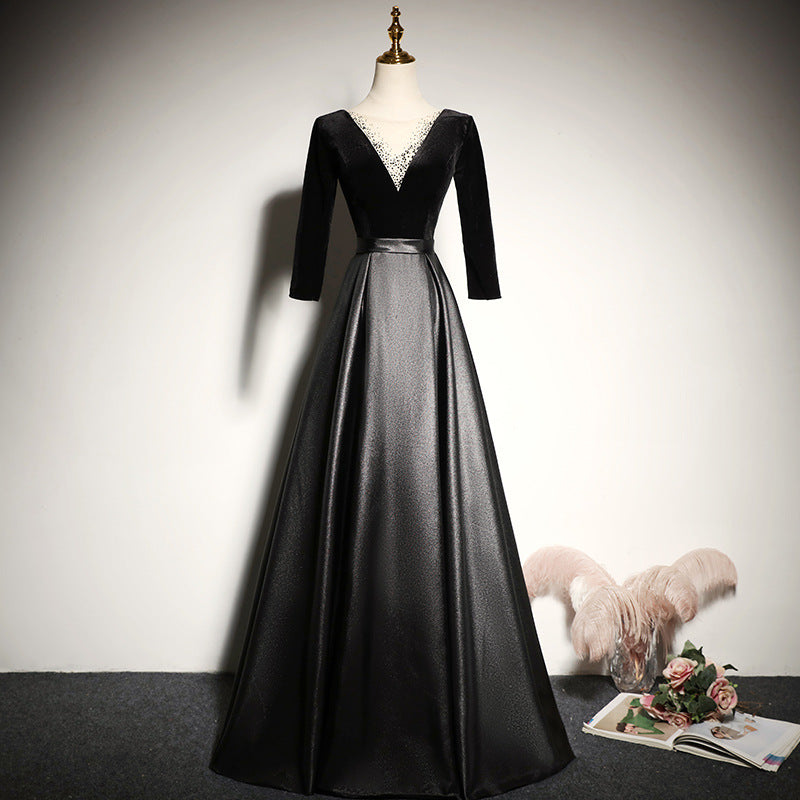 2025 Black banquet evening dress  new long noble elegant slim host chorus performance dress