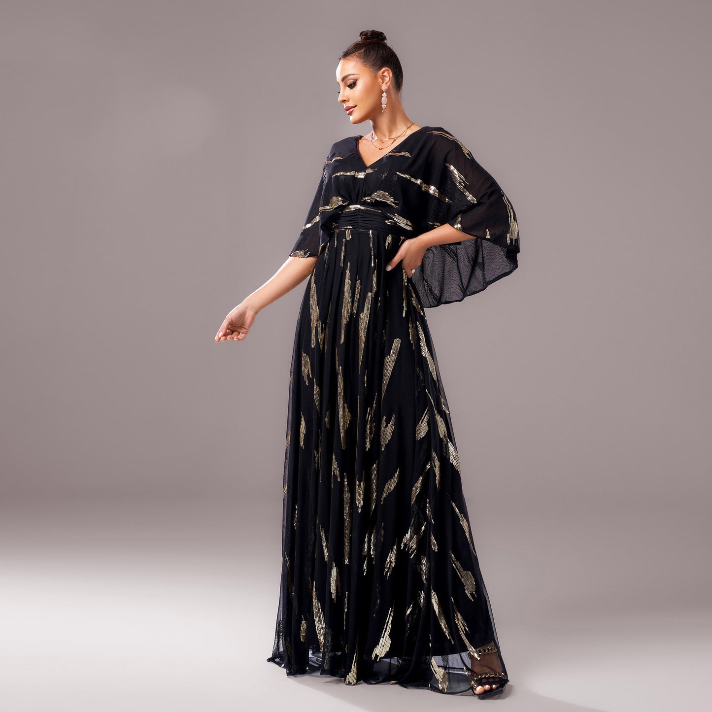 2025 new temperament V-neck medium-sleeved long sequined banquet hip-wrapped evening dress bridesmaid dress women