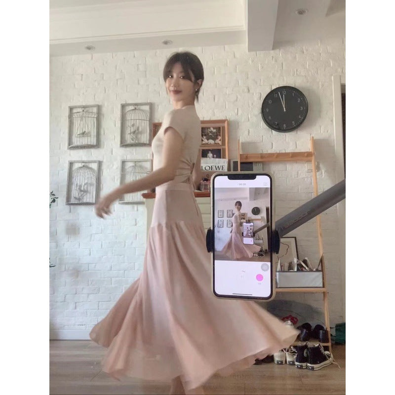 New pink high-waisted word fairy skirt girl 2025 small gentle and thin fishtail skirt long two-piece set