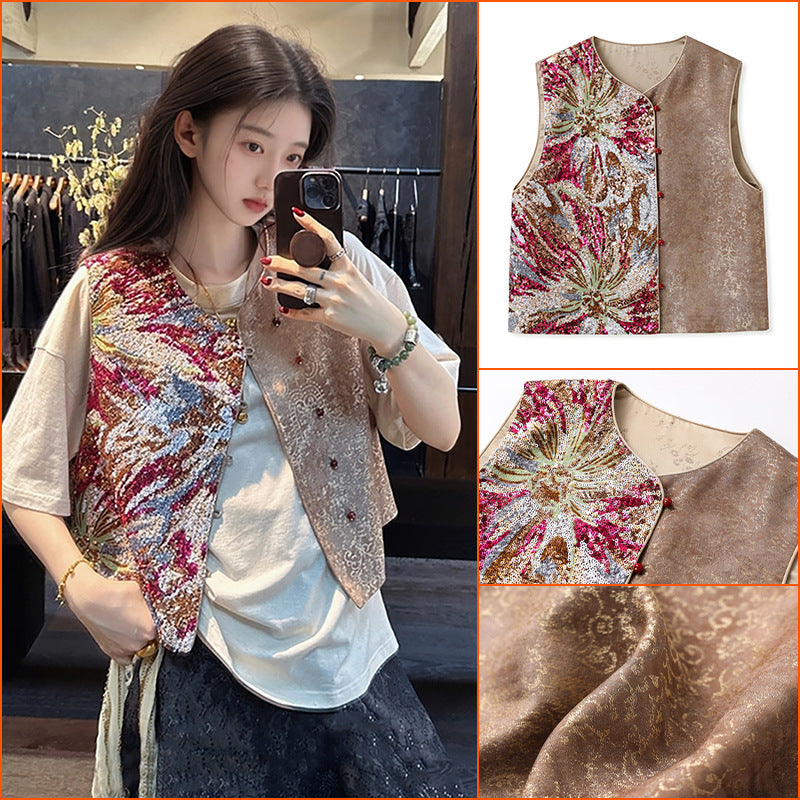 Guofeng retro 2025 new temperament vest women's light luxury beads embroidered jacquard embroidered silk vest N3105