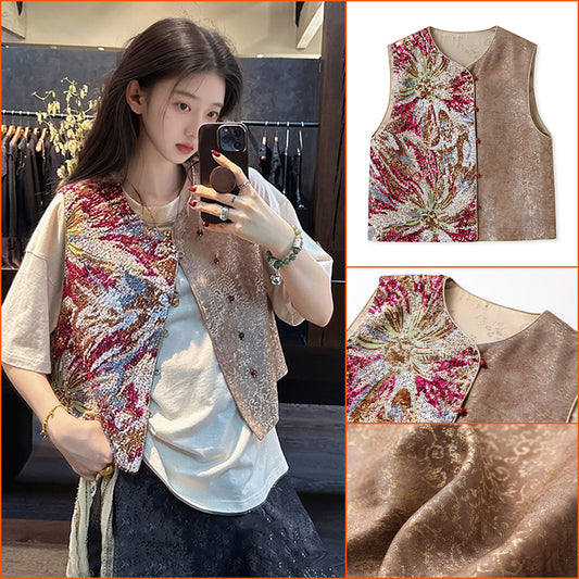 Guofeng retro 2025 new temperament vest women's light luxury beads embroidered jacquard embroidered silk vest N3105