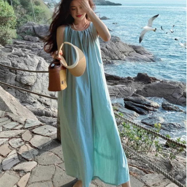 2025 summer Sanya travel wear holiday dress seaside beach skirt women's summer sleeveless neck suspender skirt