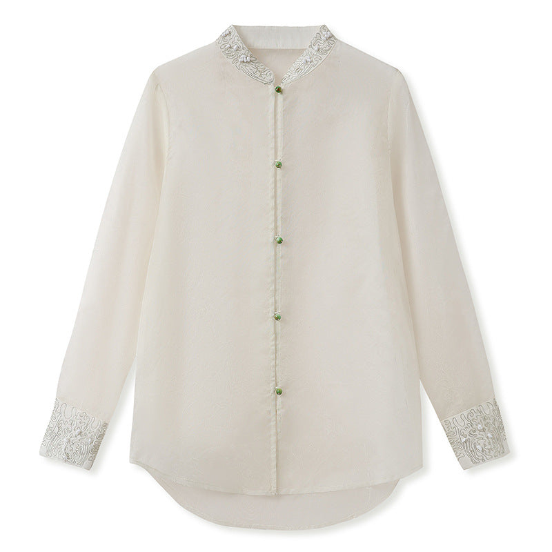 New Chinese heavy industry embroidery three-dimensional decorative thin shirt national style stand-up collar design mulberry silk top women's N1004