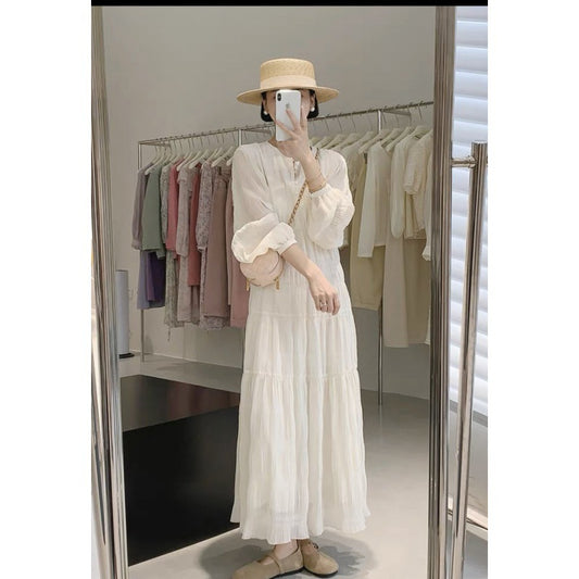 2025 Coffee break  high-end white chiffon dress women's spring and summer loose and thin gentle wear temperament dress