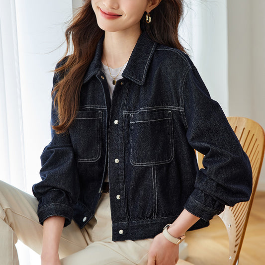 direct sales denim short jacket women's long sleeves  spring and autumn clothing new small man stacked wear front shoulder lapel top