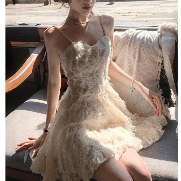 2025 summer new temperament high-end diamond chain feather suspender dress women's clothing waist slim skirt