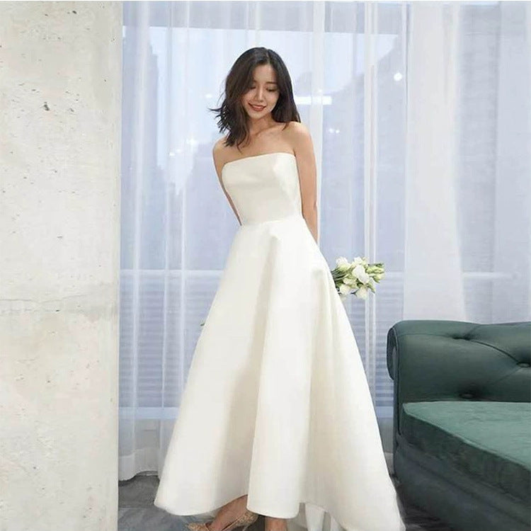 2025 tube top bridal light wedding dress women's white new travel photo satin light wedding dress simple door dress