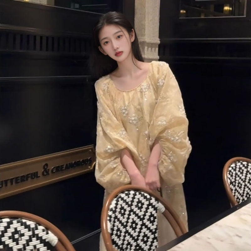New Chinese style flower bead embroidered high-end dress light luxury design temperament long dress N2034