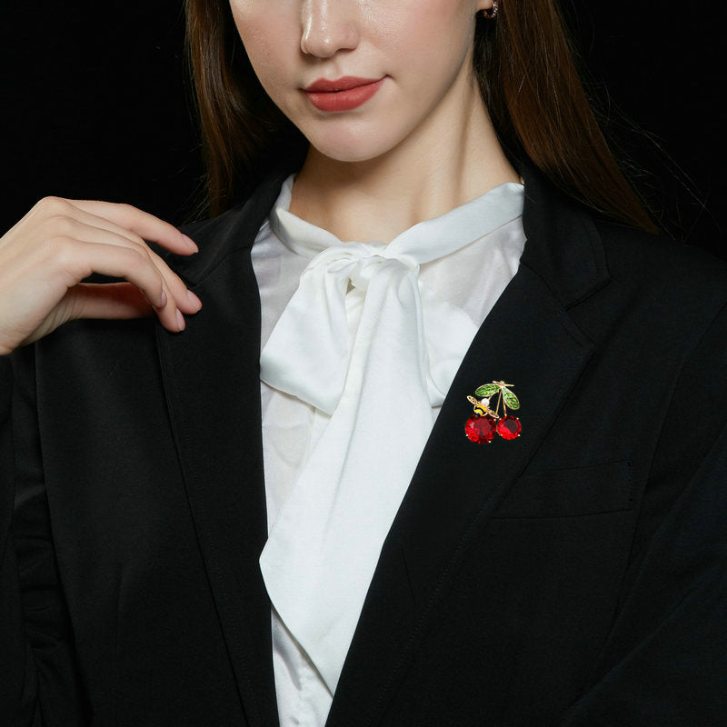 2025 Korean version of fashion temperament suit collar pin fixed clothes pin dripping oil little bee zircon inlaid red cherry brooch
