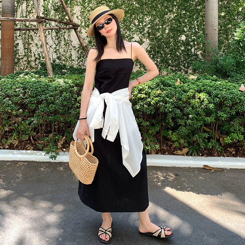 2025 spring new Korean version high waist elegant cotton and linen suspender dress solid color pure desire skirt 88229