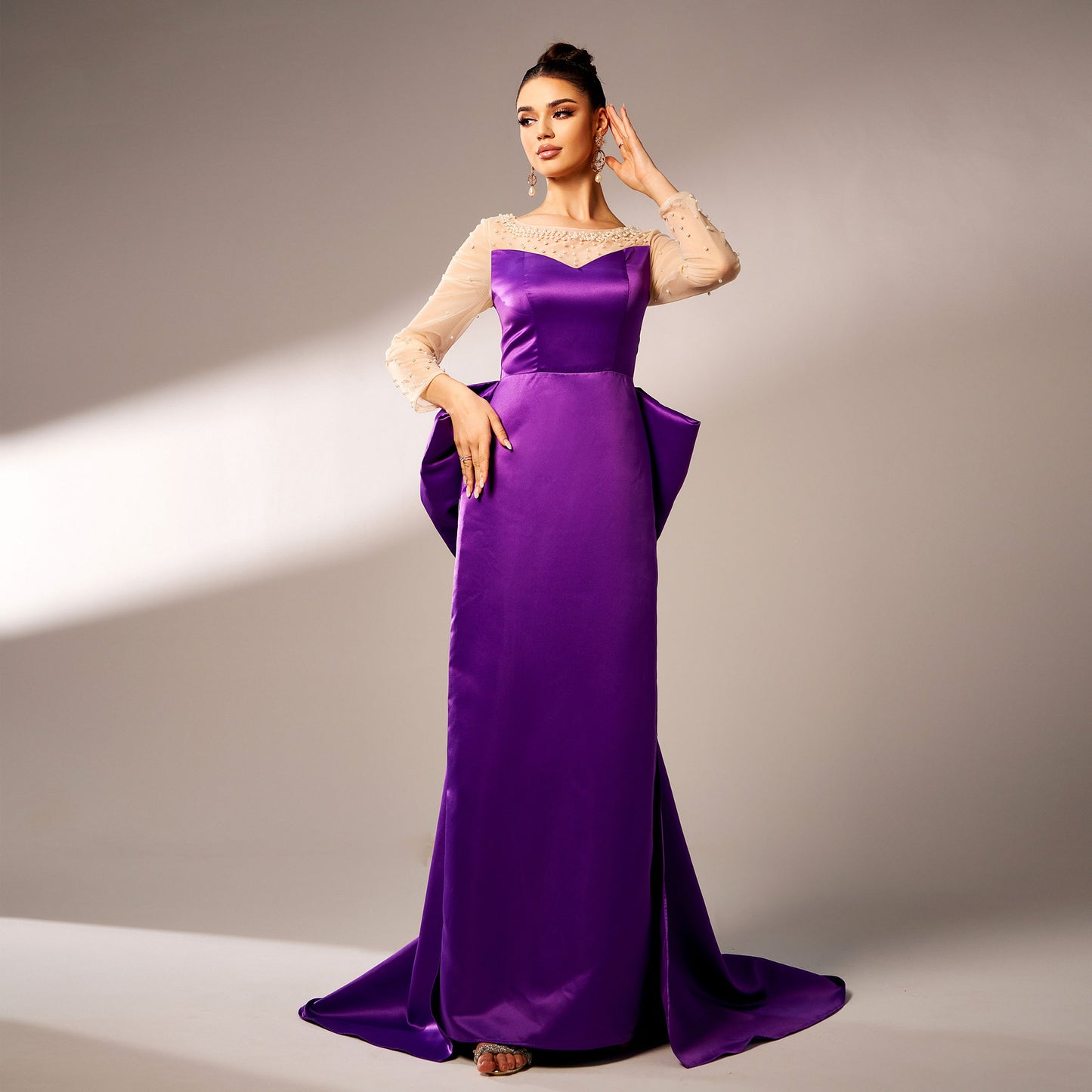 2025 new high-end long-sleeved round neck banquet beads big bow evening dress bridesmaid dress women
