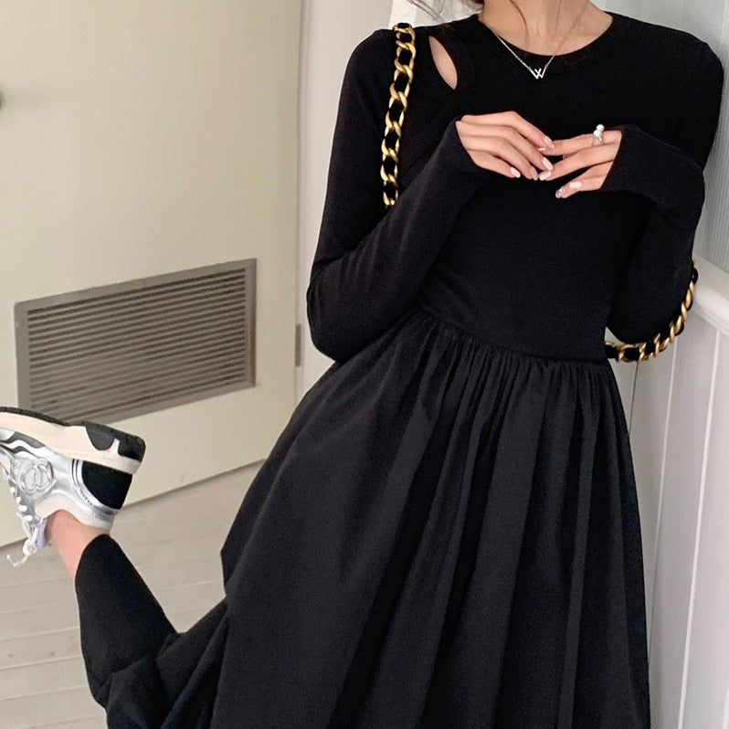 2025 Hepburn style hollow knitted long-sleeved dress women's spring and autumn new design sense niche temperament slim and thin long dress
