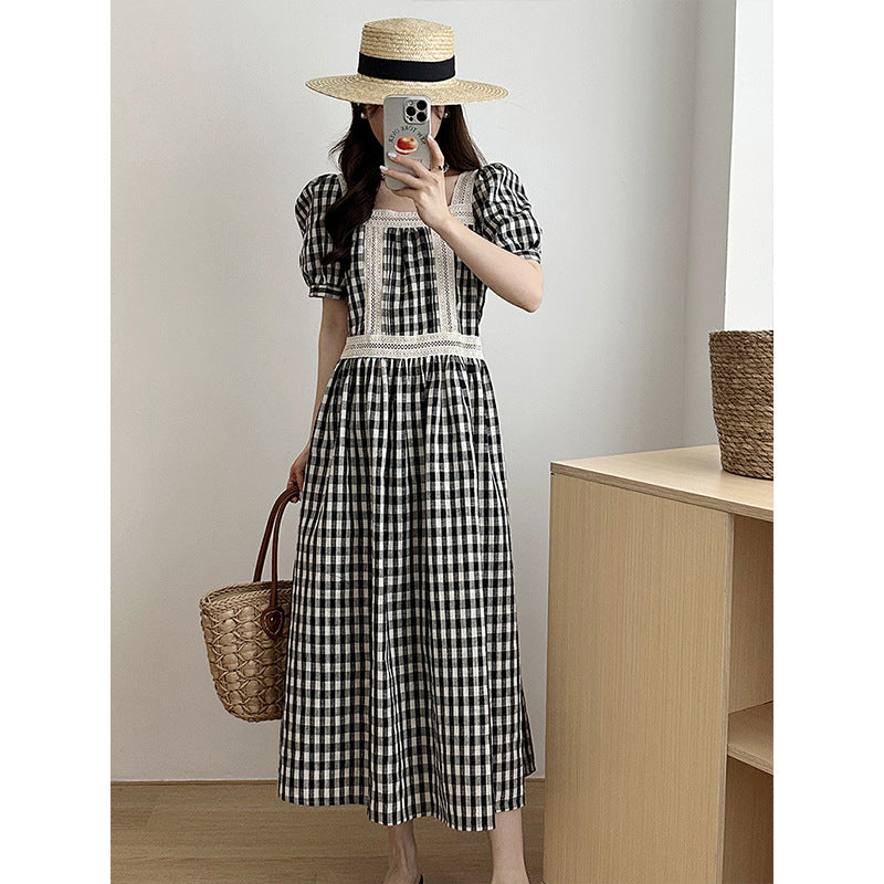 2025 [60% off for summer clearance] Summer Korean  temperament bubble sleeve plaid dress square collar retro and sweet