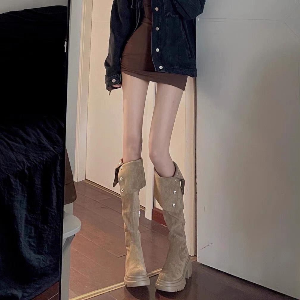 2025 Small inner height increase over the knee boots Children's Maillard autumn and winter new thick-soled two-wear folding boots