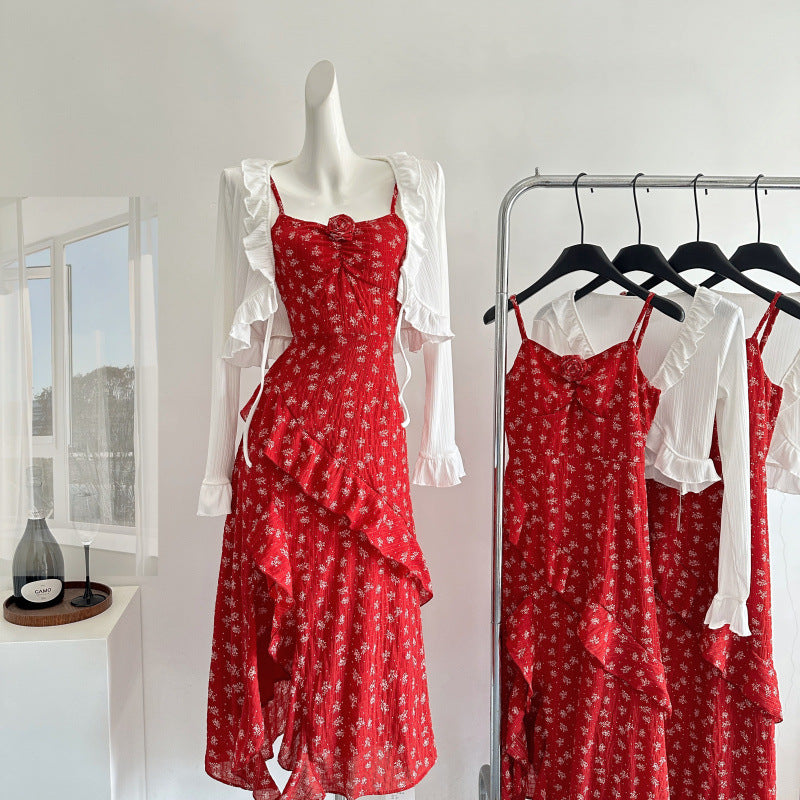 2025 Beauty is not defined by floral dress /temperament red holiday suspender split dress two-piece suit women
