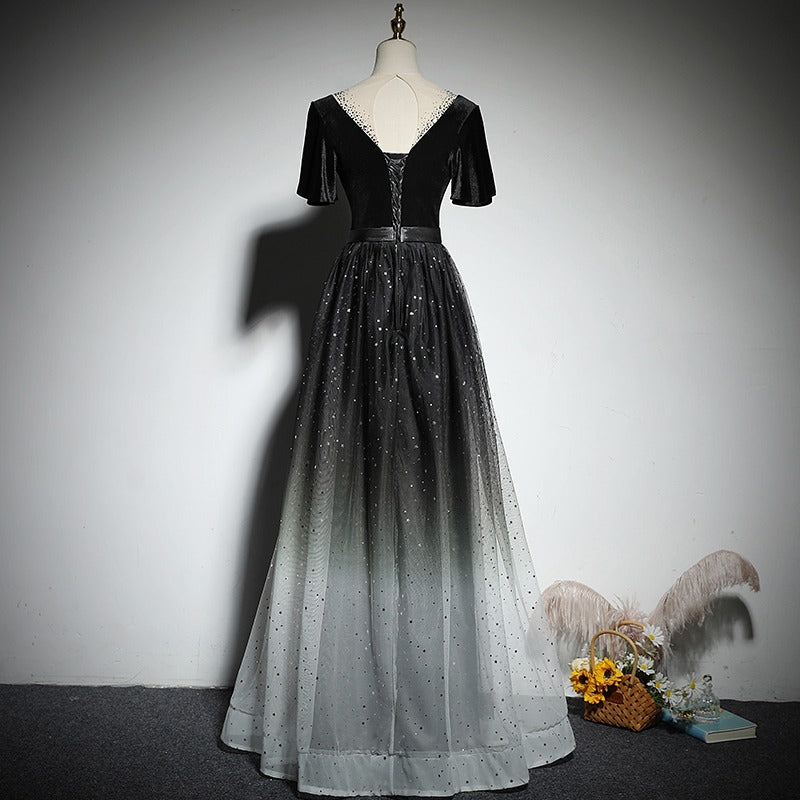 2025 Black evening dress dress female piano dress gradual change starry sky temperament choir conductor performance uniform banquet host