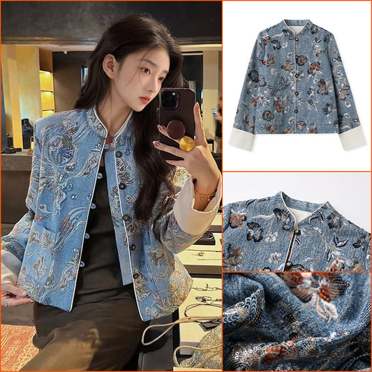 Spring 2025 New National Style Cool Elegant Top New Chinese Sequins Embroidered Denim Jacket Women's N3049