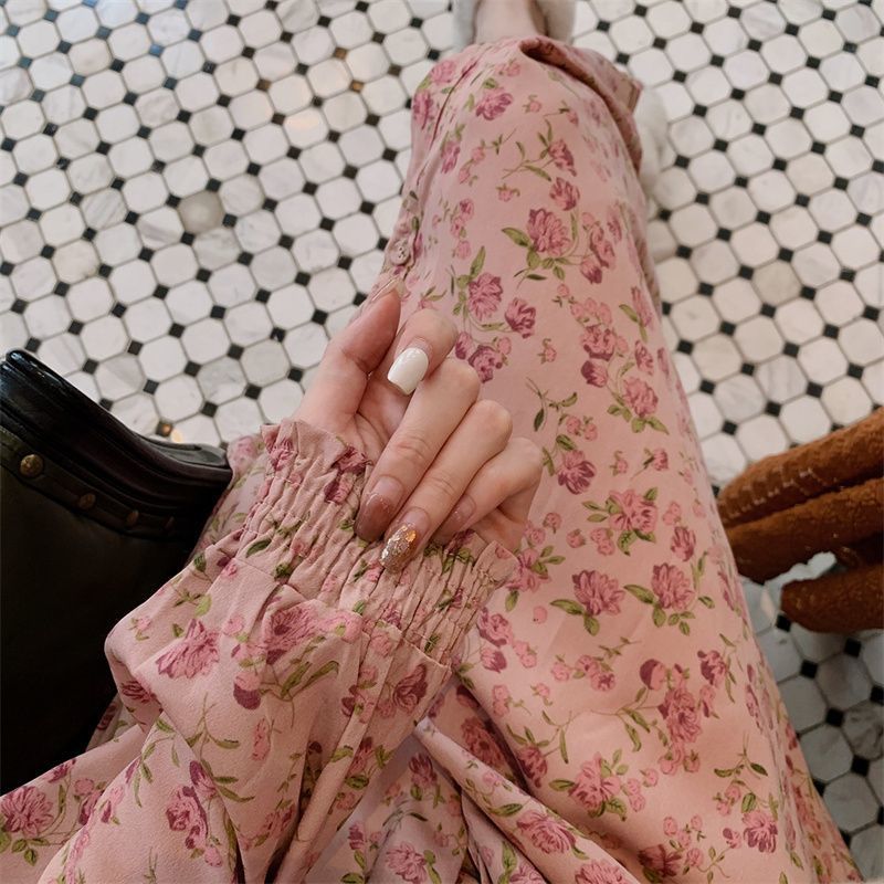 2025 spring new rose coffee break dress Huayao printing temperament V-neck medium and long floral dress women