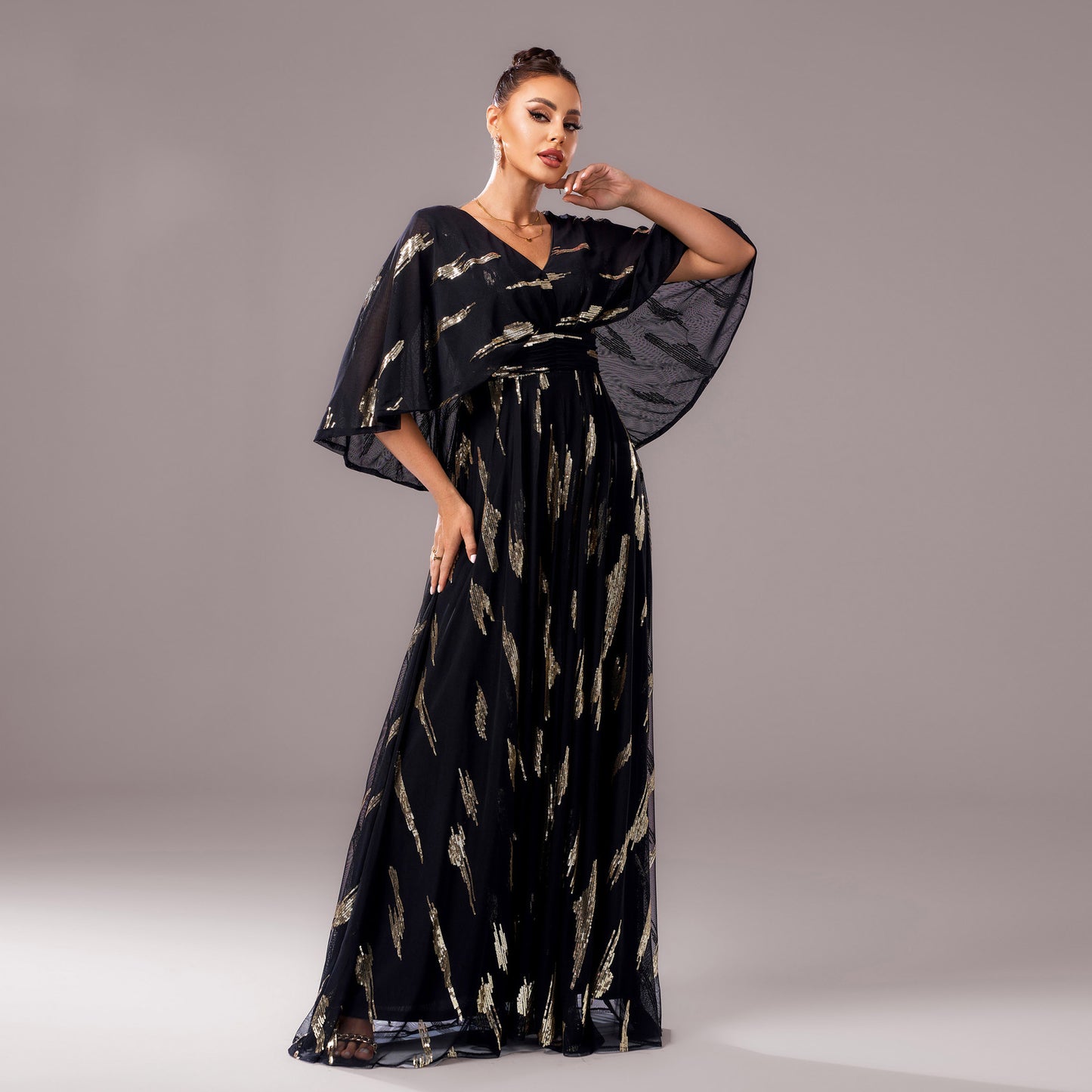 2025 new temperament V-neck medium-sleeved long sequined banquet hip-wrapped evening dress bridesmaid dress women