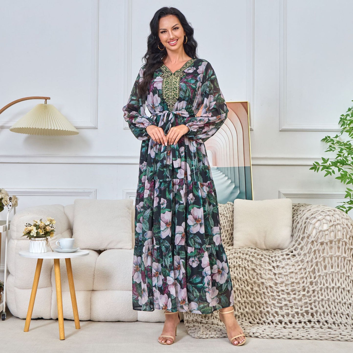 MT202 Middle East summer new Muslim women's clothing printing elegant fashion loose waist big swing dress ins