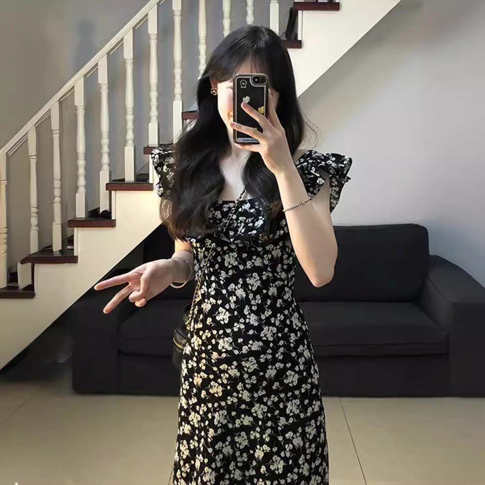 2025 Coffee Break  Hepburn Style Black Floral Dress Children's Summer  New Temperament Waist Long Dress Women's Clothing