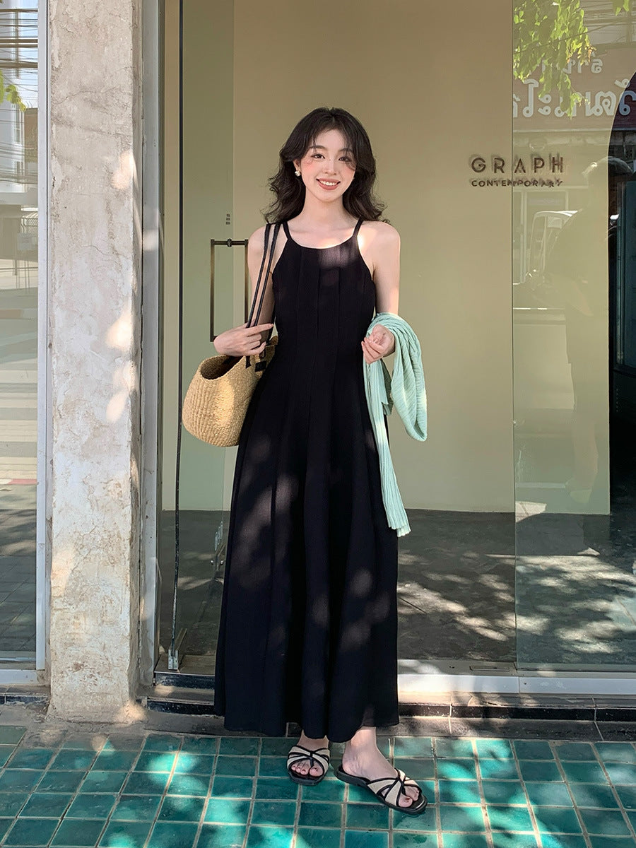 2025 spring new Korean version high waist elegant suspender dress round neck solid color pure desire skirt 88232