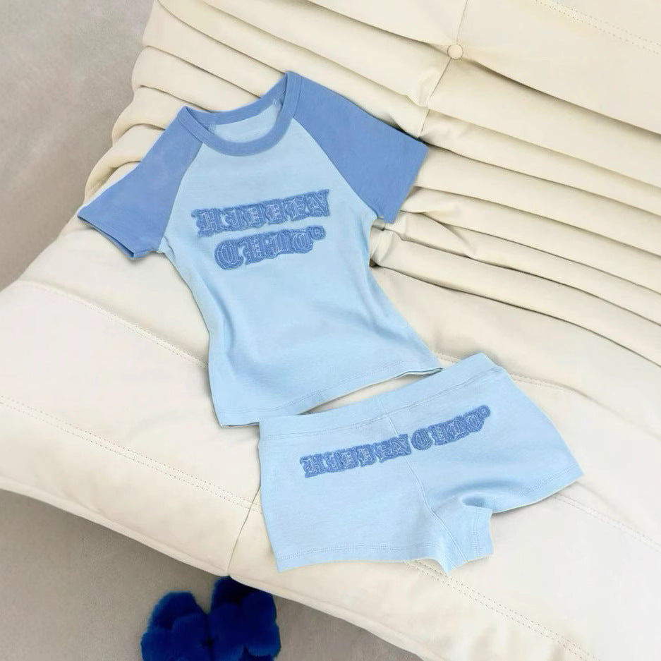 BENPAOLV American new Spice Girl style retro hip hop personality splicing street suit short sleeves shorts sticker letters