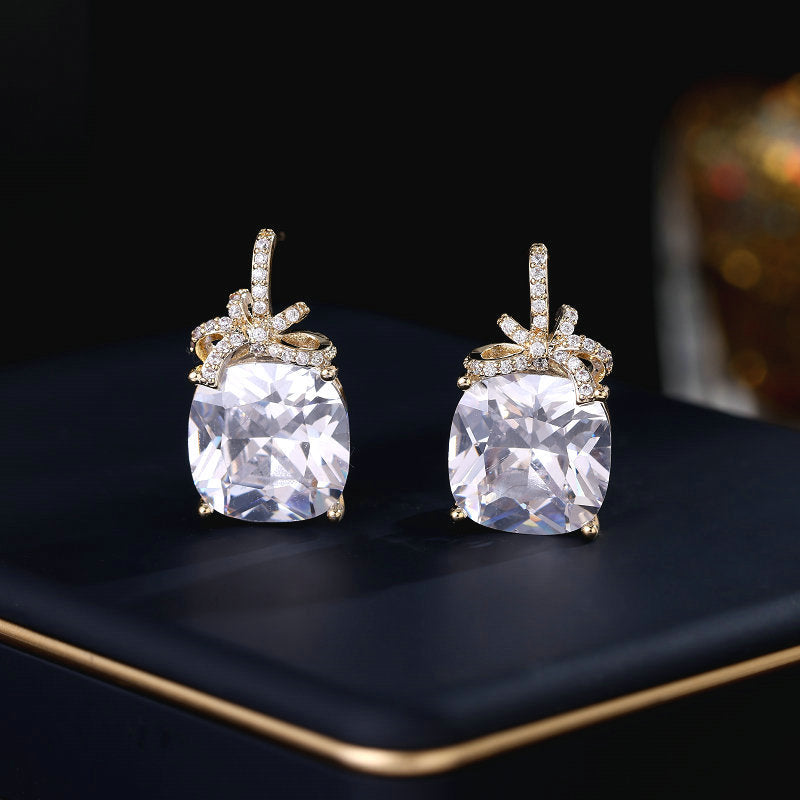 2025 Light luxury high-end earrings trendy wholesale s925 silver needle super flash geometric square zircon inlaid bow stud earrings