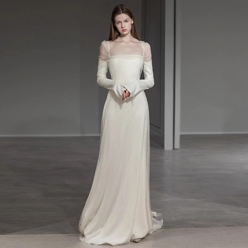 2025 light wedding dress Mori simple going out yarn temperament thin celebrity long dress fish tail waist satin trailing dress