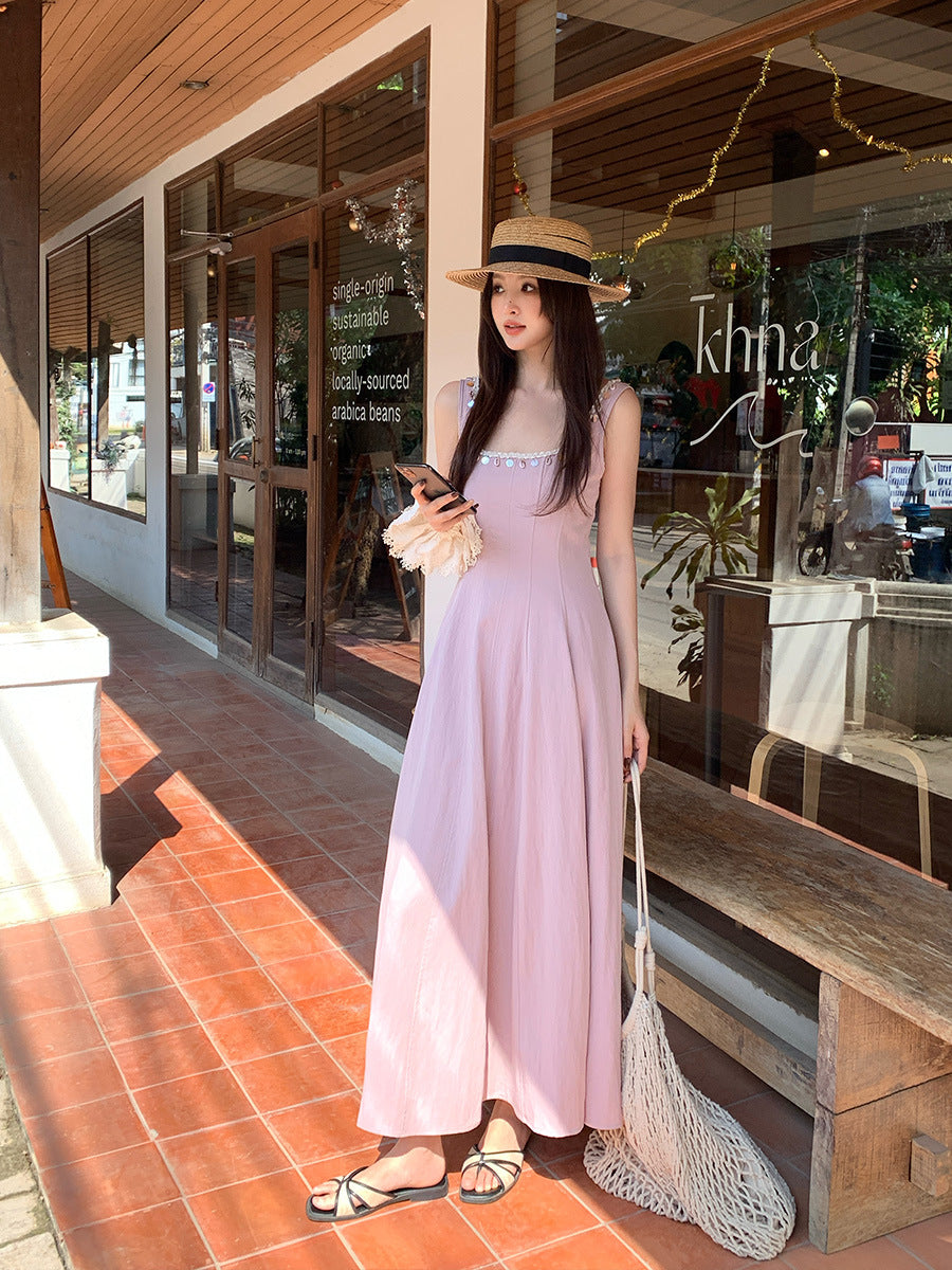 2025 Thirteen Lines  Spring and Summer New  Retro Crew Neck Temperament Sequin Suspender Dress 88177