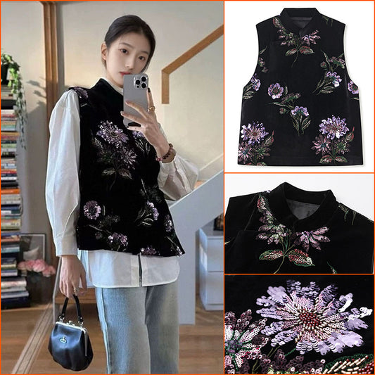 Early spring new expensive new Chinese style retro heavy industry sequins purple gold flower temperament versatile vest female N1014